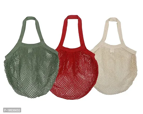 Organic Cotton Net Mesh Bags for Vegetables and Fruits/ Reusable Storage Bags//Market Bag (Multipurpose) - Combo of 3 (Green , Red and Beige)