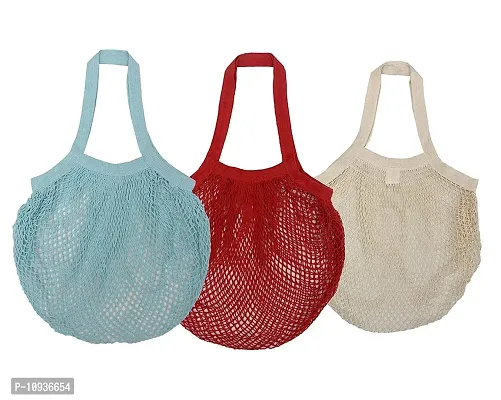 Organic Cotton Net Mesh Bags for Vegetables and Fruits/ Reusable Storage Bags//Market Bag (Multipurpose) - Combo of 3 (Blue, Red and Beige)