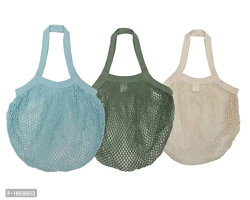 Organic Cotton Net Mesh Bags for Vegetables and Fruits/ Reusable Storage Bags//Market Bag (Multipurpose) - Combo of 3 (Blue, Green and Beige)