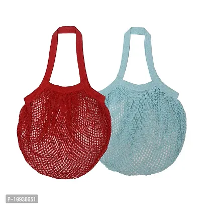 Organic Cotton Net Mesh Bags for Vegetables and Fruits/ Reusable Storage Bags//Market Bag (Multipurpose) - Combo of 2 (Red and Light Blue)