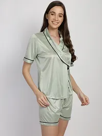 Stylish Satin Silk Solid Notched Collar Night Shirt Shorts Set For Women-thumb1