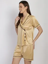 Stylish Satin Silk Notched Collar Night Shirt Shorts Set For Women-thumb2