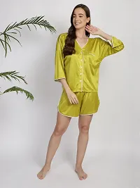 Stylish Green Satin Silk Night Shirt Shorts Set For Women-thumb2