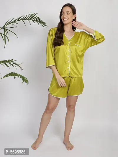 Stylish Green Satin Silk Night Shirt Shorts Set For Women-thumb3