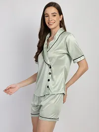 Stylish Satin Silk Solid Notched Collar Night Shirt Shorts Set For Women-thumb2