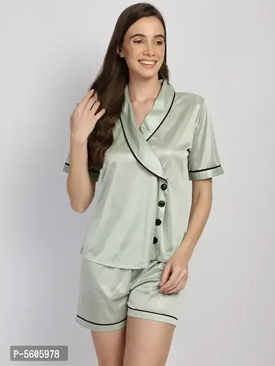 Stylish Satin Silk Solid Notched Collar Night Shirt Shorts Set For Women