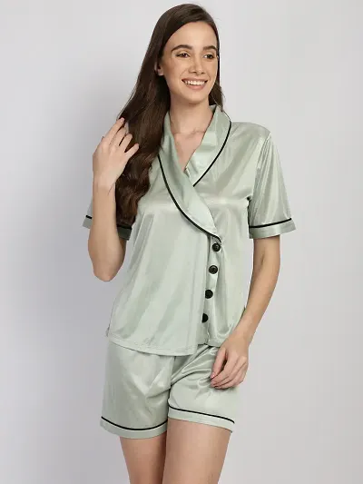 Stylish Satin Silk Solid Notched Collar Night Shirt Shorts Set For Women