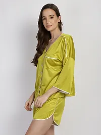 Stylish Green Satin Silk Night Shirt Shorts Set For Women-thumb1