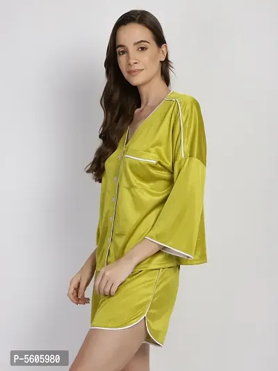 Stylish Green Satin Silk Night Shirt Shorts Set For Women-thumb2