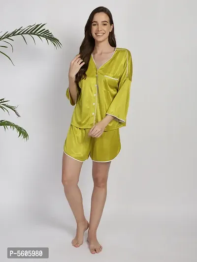 Stylish Green Satin Silk Night Shirt Shorts Set For Women-thumb0