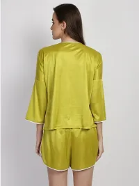 Stylish Green Satin Silk Night Shirt Shorts Set For Women-thumb4