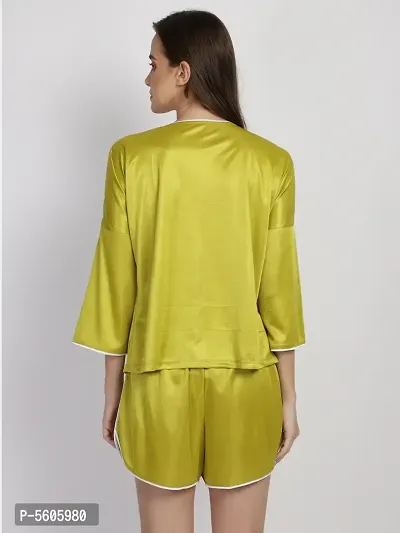 Stylish Green Satin Silk Night Shirt Shorts Set For Women-thumb5