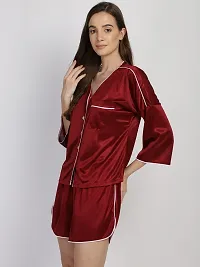 Stylish Maroon Satin Silk Button Down Night Shirt Shorts Set For Women-thumb2