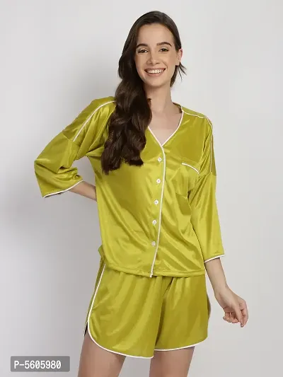 Stylish Green Satin Silk Night Shirt Shorts Set For Women-thumb4