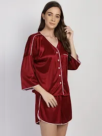 Stylish Maroon Satin Silk Button Down Night Shirt Shorts Set For Women-thumb1