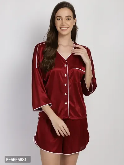 Stylish Maroon Satin Silk Button Down Night Shirt Shorts Set For Women