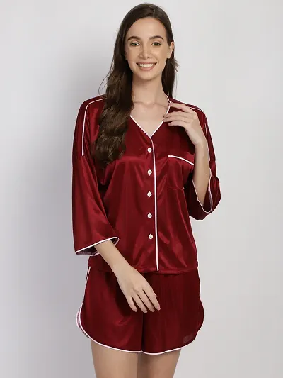 Stylish Satin Silk Button Down Night Shirt Shorts Set For Women