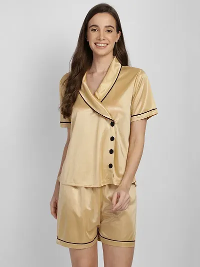 Stylish Satin Silk Notched Collar Night Shirt Shorts Set For Women