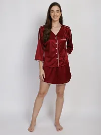 Stylish Maroon Satin Silk Button Down Night Shirt Shorts Set For Women-thumb4