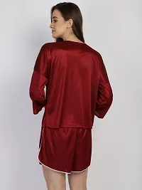 Stylish Maroon Satin Silk Button Down Night Shirt Shorts Set For Women-thumb3