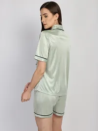 Stylish Satin Silk Solid Notched Collar Night Shirt Shorts Set For Women-thumb3