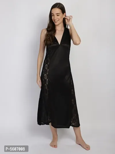 Women's Exotic Satin Maxi Nighty Nightgown Black-thumb5