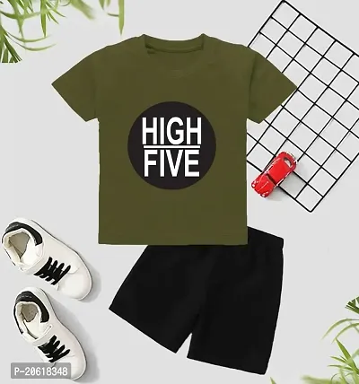 ONE ZERO KIDS  TOP   BOTTOM  SET | High Five Printed T- SHIRTS | Olive green-thumb0