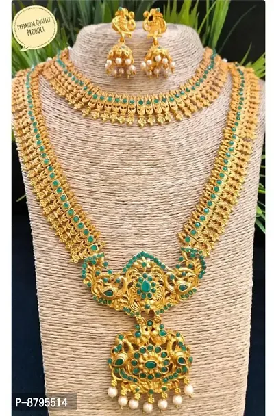 Stylish Fancy Green Stone Studded Double Line Temple Jewellery Set For Women-thumb0