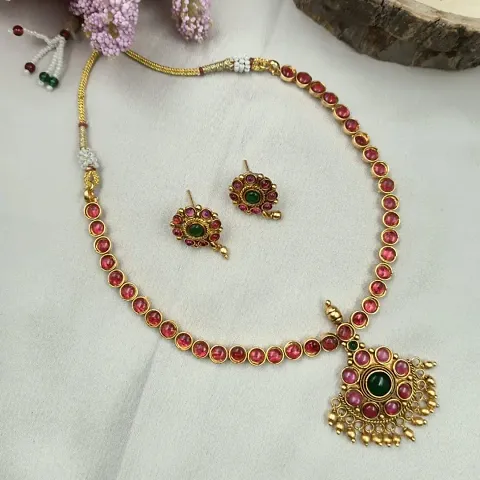 Traditional Golden Alloy Kempu Flower Jewellery Set