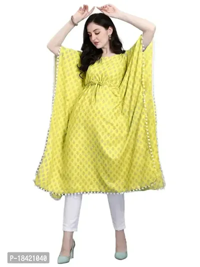 WILNERCROWN Women'sGirls (Round Neck) | ForalPrint | Calf Length | Cotton Fabric Designer Kaftan Style Designer Kurti (KFT-03-YELLOW-XL)-thumb0