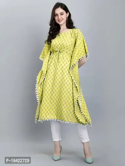 WILNERCROWN Women'sGirls Round Neck | ForalPrint | Calf Length | Cotton Fabric Designer Kaftan Style Designer Kurti (CARA-KFT-03-YELLOW-XL)-thumb5