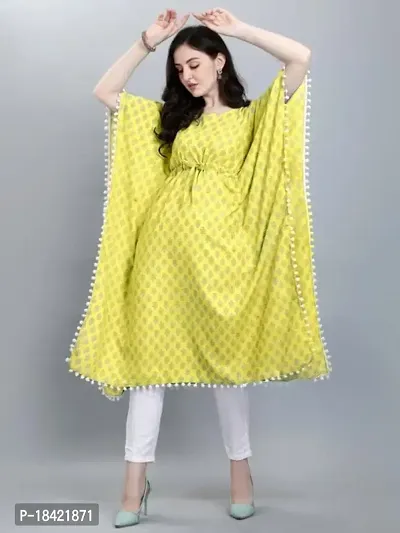 WILNERCROWN Women'sGirls Round Neck | ForalPrint | Calf Length | Cotton Fabric Designer Kaftan Style Designer Kurti (CARA-KFT-03-YELLOW-M)-thumb2