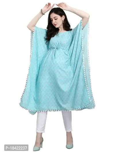 WILNERCROWN Women'sGirls Round Neck | ForalPrint | Calf Length | Cotton Fabric Designer Kaftan Style Designer Kurti (CARA-KFT-03-SKY-L)-thumb0