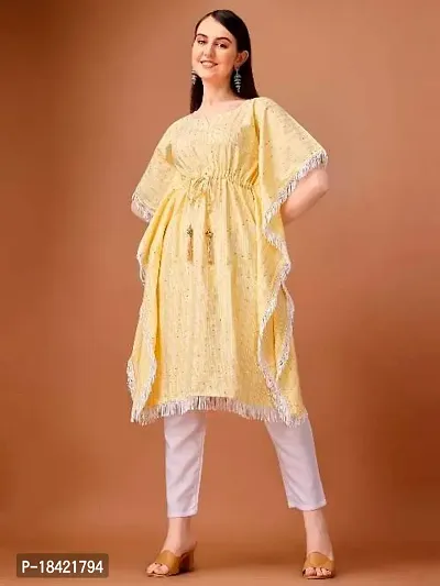 WILNERCROWN Women'sGirls (Round Neck) | ForalPrint | Calf Length | Cotton Fabric Designer Kaftan Style Designer Kurti (KFT-07-YELLOW-M)-thumb5