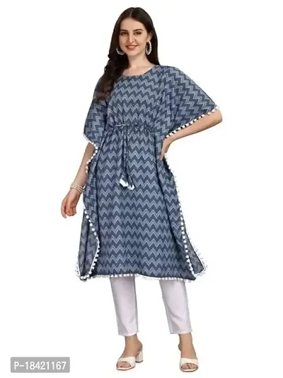 WILNERCROWN Women'sGirls (Round Neck) | ForalPrint | Calf Length | Cotton Fabric Designer Kaftan Style Designer Kurti (KFT-04-P-BLUE)-thumb0