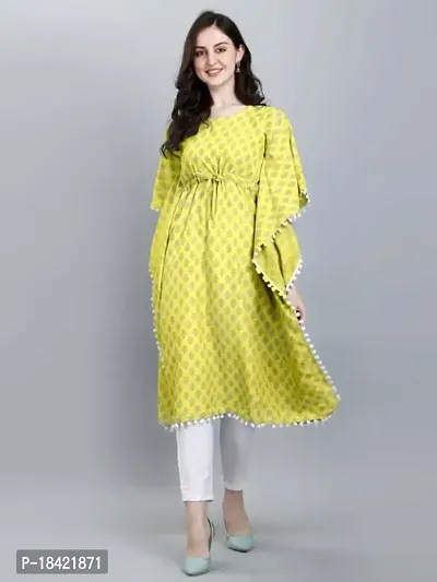 WILNERCROWN Women'sGirls Round Neck | ForalPrint | Calf Length | Cotton Fabric Designer Kaftan Style Designer Kurti (CARA-KFT-03-YELLOW-M)-thumb4