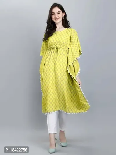 WILNERCROWN Women'sGirls Round Neck | ForalPrint | Calf Length | Cotton Fabric Designer Kaftan Style Designer Kurti (CARA-KFT-03-YELLOW-L)-thumb4