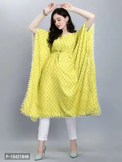 WILNERCROWN Women'sGirls (Round Neck) | ForalPrint | Calf Length | Cotton Fabric Designer Kaftan Style Designer Kurti (KFT-03-YELLOW-XL)-thumb2