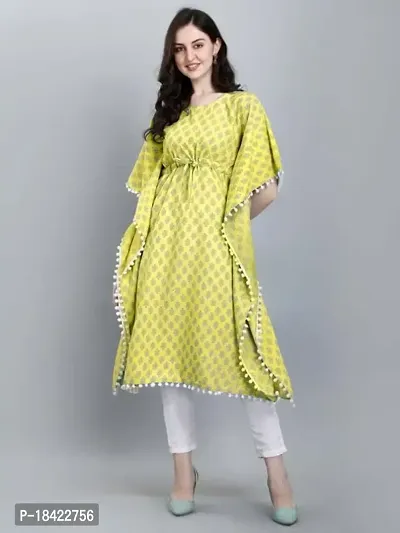 WILNERCROWN Women'sGirls Round Neck | ForalPrint | Calf Length | Cotton Fabric Designer Kaftan Style Designer Kurti (CARA-KFT-03-YELLOW-L)-thumb5