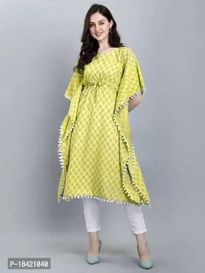 WILNERCROWN Women'sGirls (Round Neck) | ForalPrint | Calf Length | Cotton Fabric Designer Kaftan Style Designer Kurti (KFT-03-YELLOW-XL)-thumb4