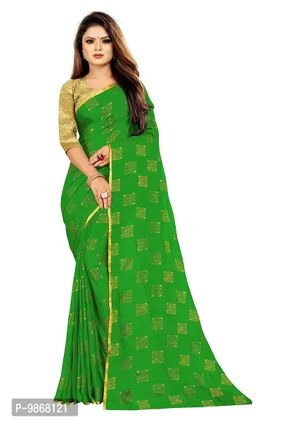 Aardiva Women Foil Print Work Chiffon Saree With Blouse Piece (Green)