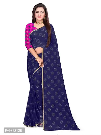 Aardiva Women Pure Chiffon Stylish Saree With Unstitched Blouse Piece (Dark Blue)-thumb0