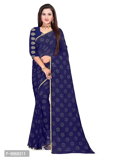 Aardiva Women's Chiffon Saree With Unstitched Blouse Piece (Dark Blue)