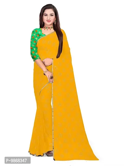 Aardiva Women Pure Chiffon Saree With Unstitch Blouse Piece (Yellow)-thumb0