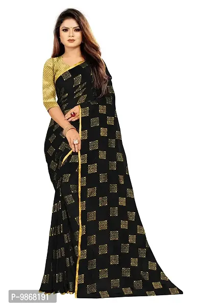 Aardiva Women Foil Print Work Chiffon Saree With Blouse Piece (Black)