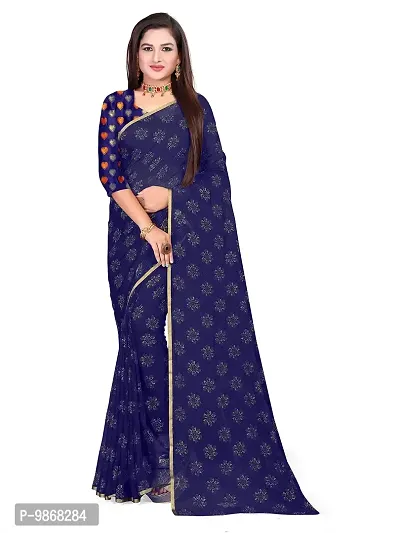 Aardiva Women Pure Chiffon Trendy Saree With Unstitched Blouse Piece (Dark Blue)