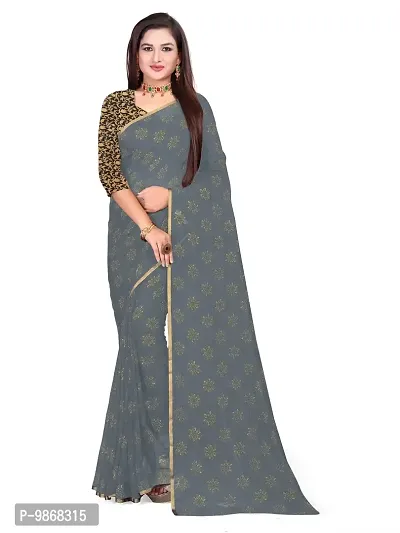 Aardiva Women's Chiffon Saree With Unstitched Blouse Piece (Grey)-thumb0