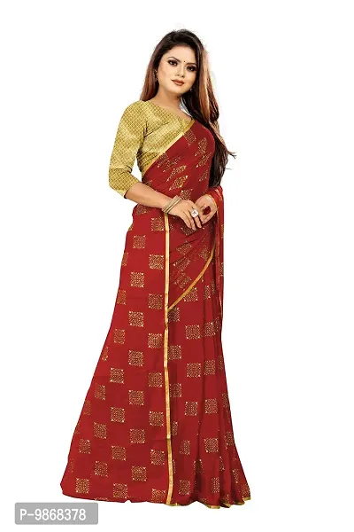 Aardiva Women Foil Print Work Chiffon Saree With Blouse Piece (Red)-thumb3