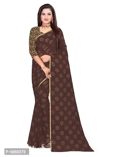 Aardiva Women's Chiffon Saree With Unstitched Blouse Piece (Brown)-thumb0