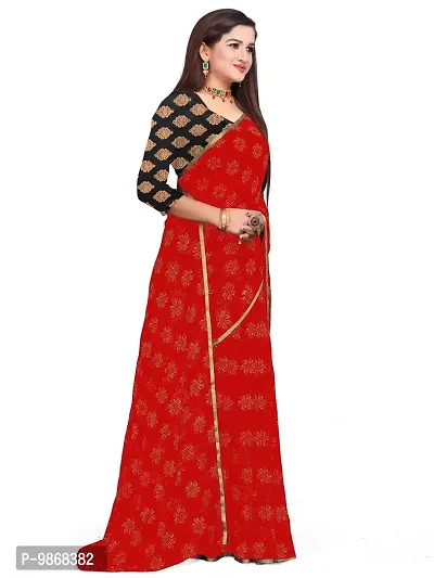 Aardiva Women's Chiffon Saree With Unstitched Blouse Piece (Red)-thumb3